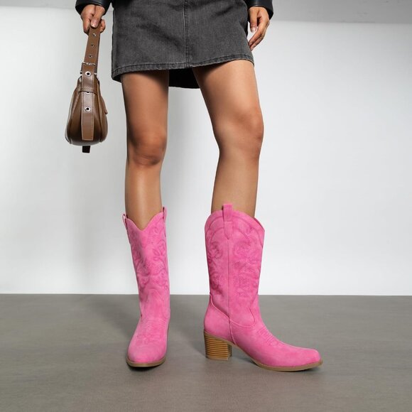 Women's Pink Cowgirl Western Boots Fashion Embroidery Stitched Chunky Heel - Picture 7 of 8
